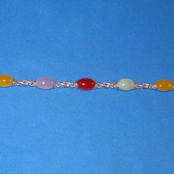 Sterling Silver Bracelet with 7 Multi Colored Gen. Jade..7" well made piece - Picture 2 of 5